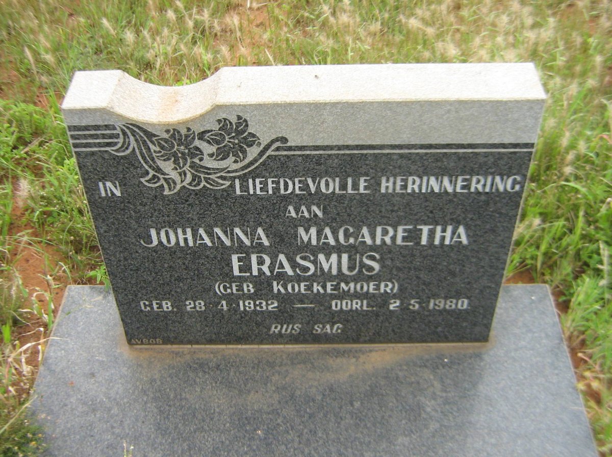 ERASMUS Johanna Magaretha nee KOEKEMOER 1932-1980