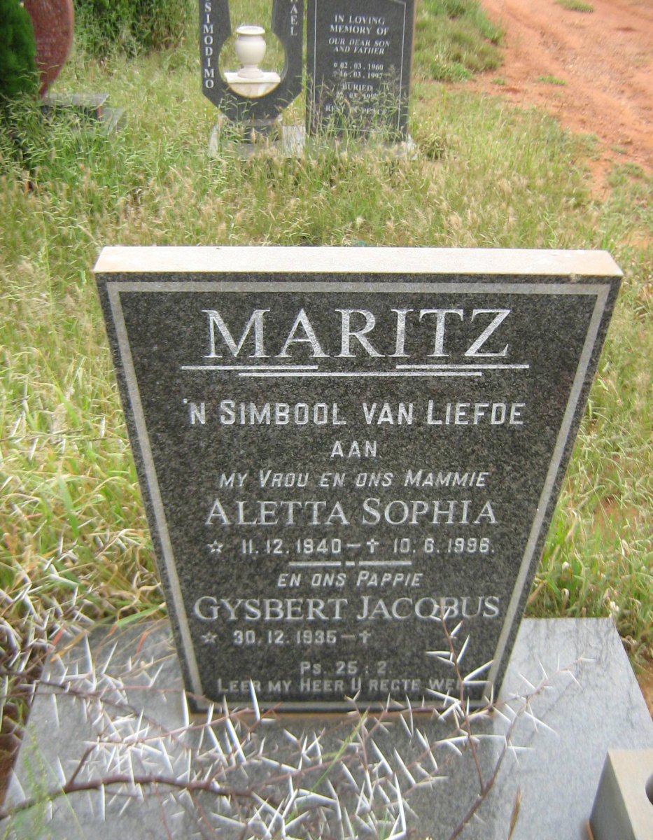 MARITZ Gysbert Jacobus 1935- &amp; Aletta Sophia 1940-1996