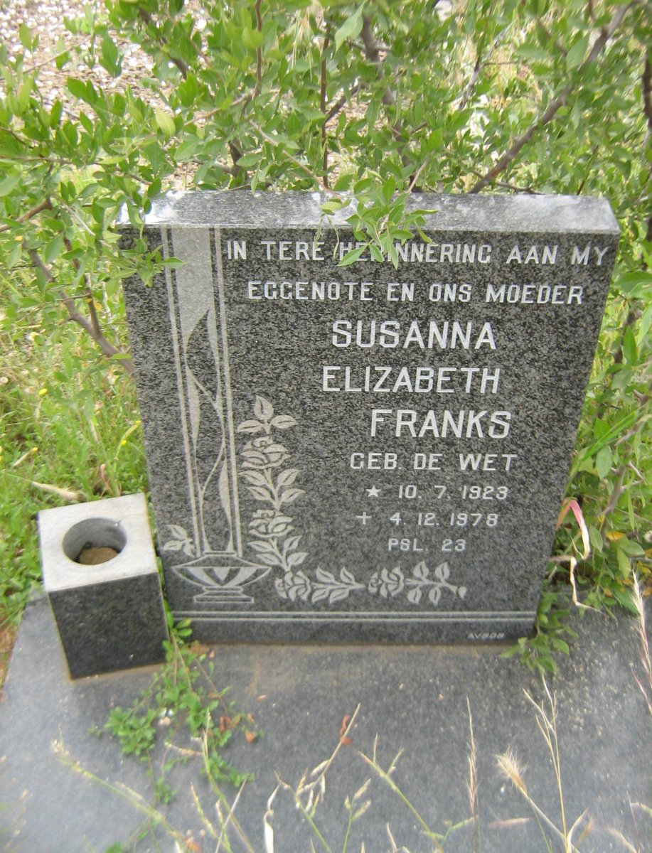 FRANKS Susanna Elizabeth nee DE WET 1923-1978
