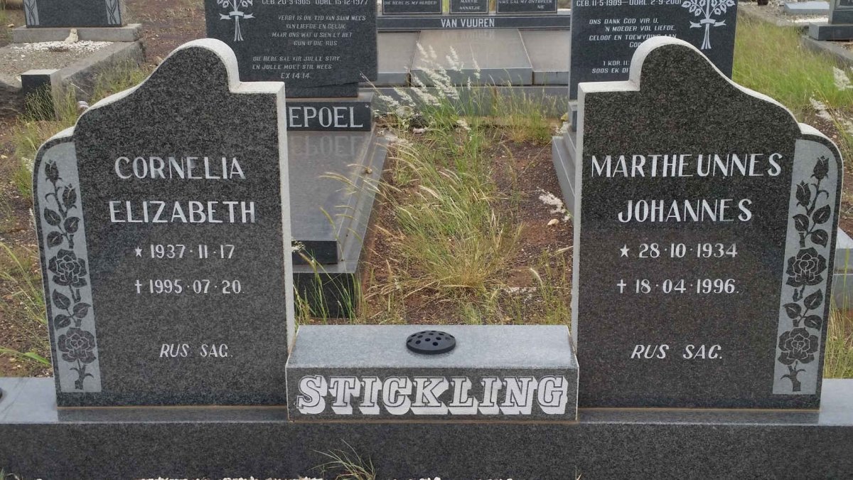 STICKLING Martheunnes Johannes 1934-1996 &amp; Cornelia Elizabeth 1937-1995