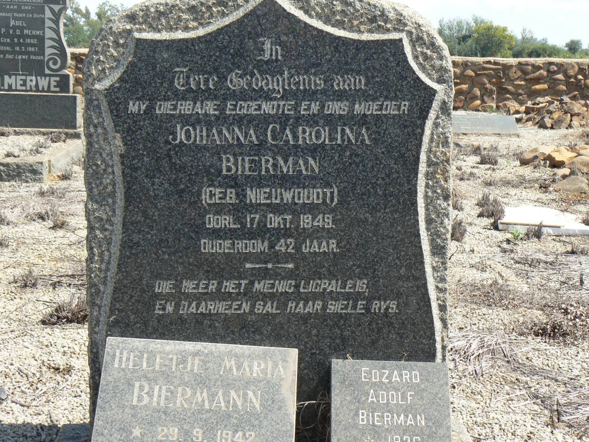 BIERMAN Johanna Carolina nee NIEUWOUDT -1949 :: BIERMAN Edzard Adolf 1936-1995 :: BIERMAN Heletje Maria 1942-