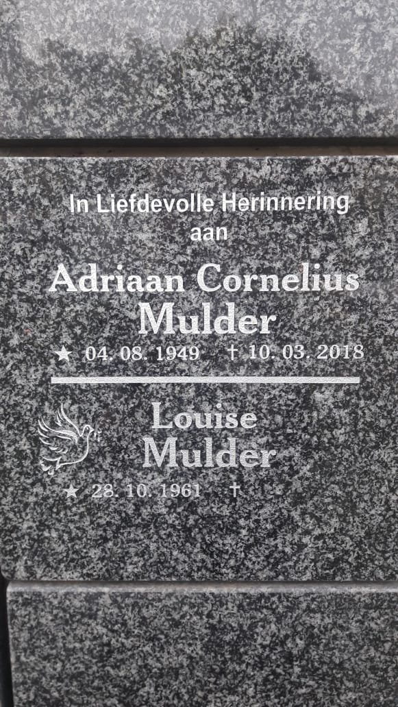 MULDER Adriaan Cornelius 1949-2018 &amp; Louise 1961-