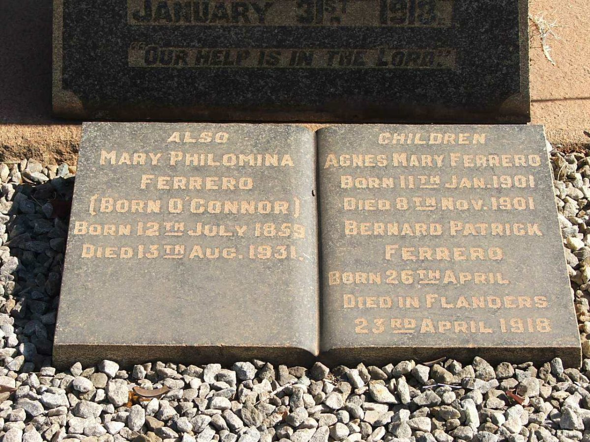FERRERO Mary Philomina nee O'CONNOR 1859-1931 :: FERRERO Agnes Mary 1901-1901, FERRERO Bernard Patrick  -1918