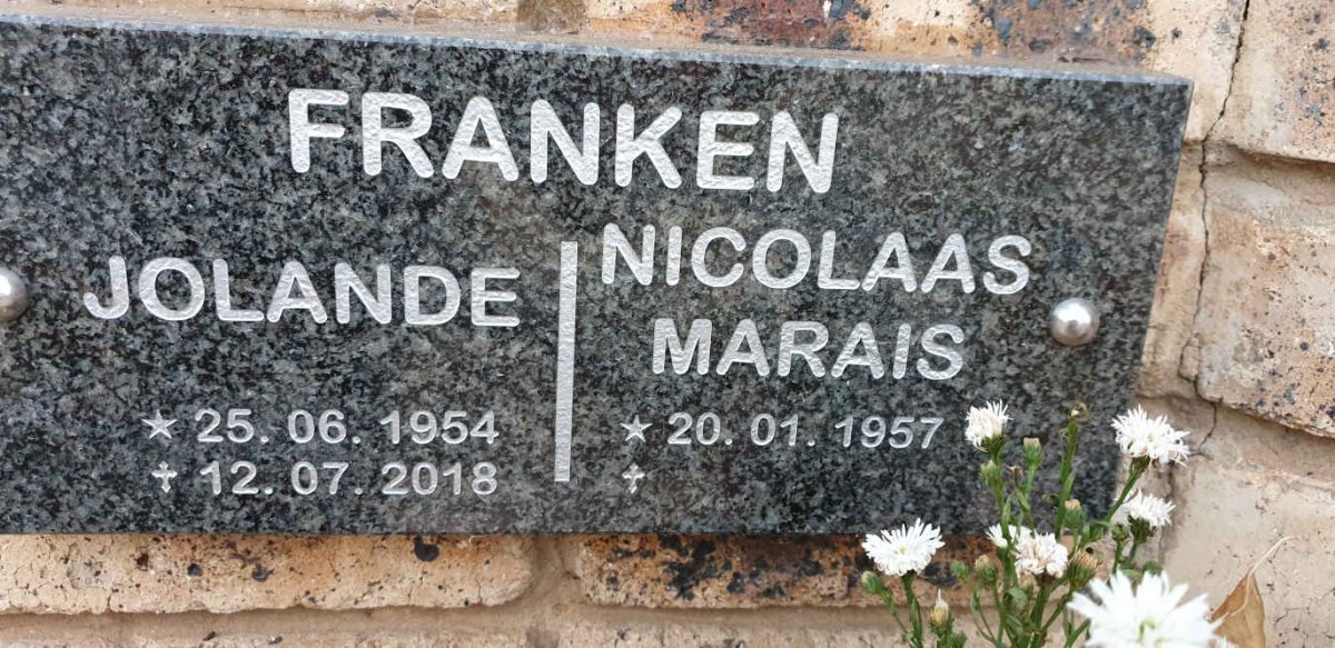 FRANKEN Nicolaas Marais 1957- &amp; Jolande 1954-2018