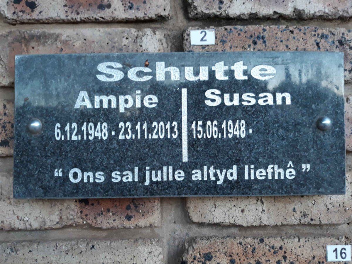 SCHUTTE Ampie 1948-2013 &amp; Susan 1948-