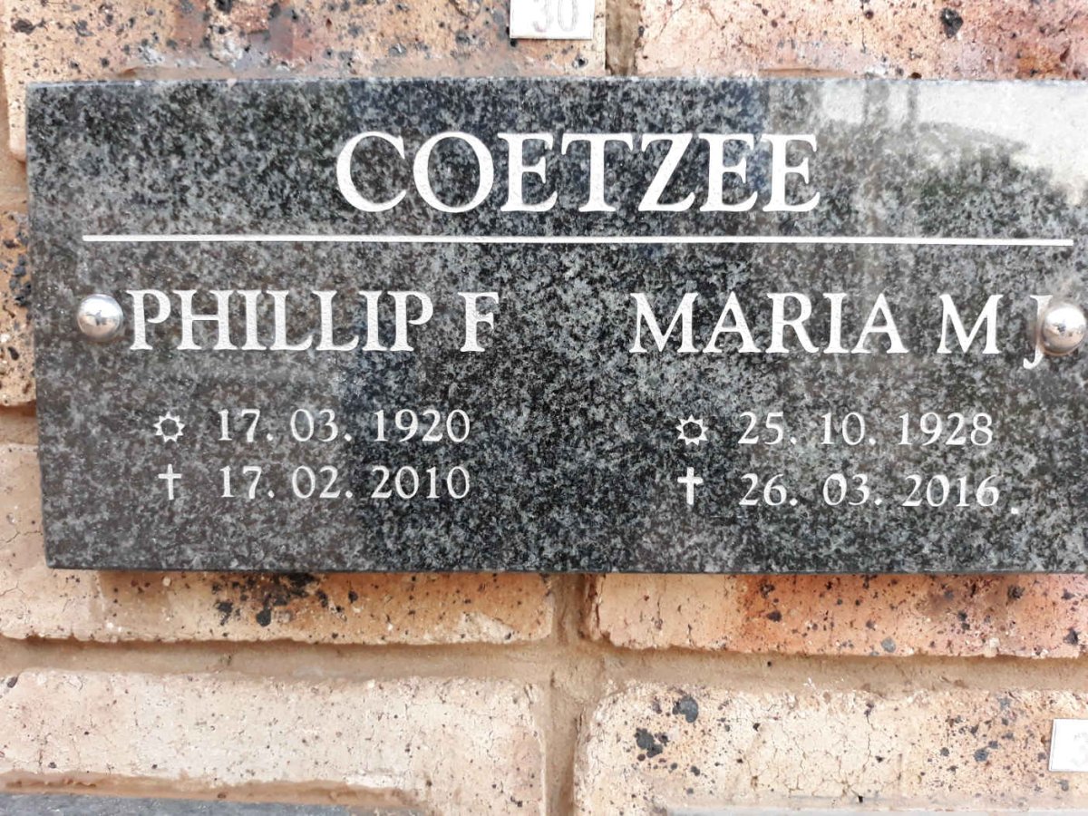 COETZEE Phillip F. 1920-2010 &amp; Maria M.J. 1928-2016