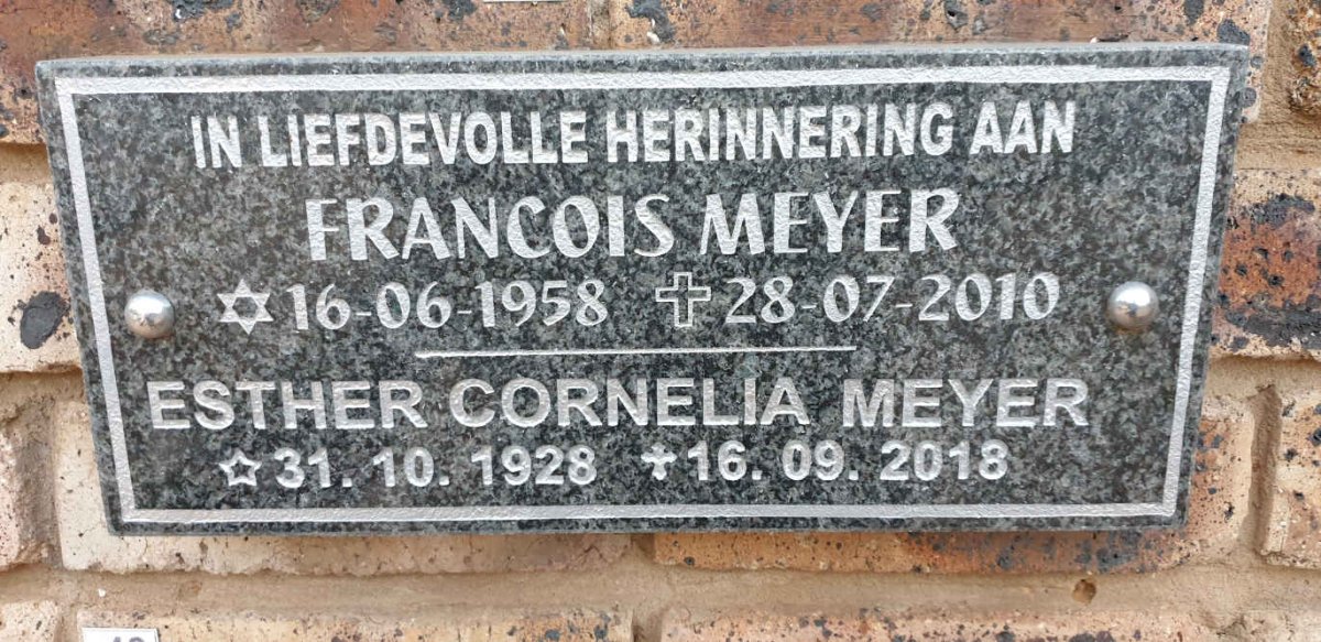 MEYER Francois 1958-2010 &amp; Esther Cornelia 1928-2018
