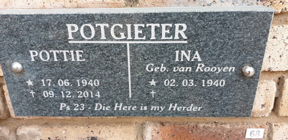 POTGIETER Pottie 1940-2014 &amp; Ina VAN ROOYEN 1940-