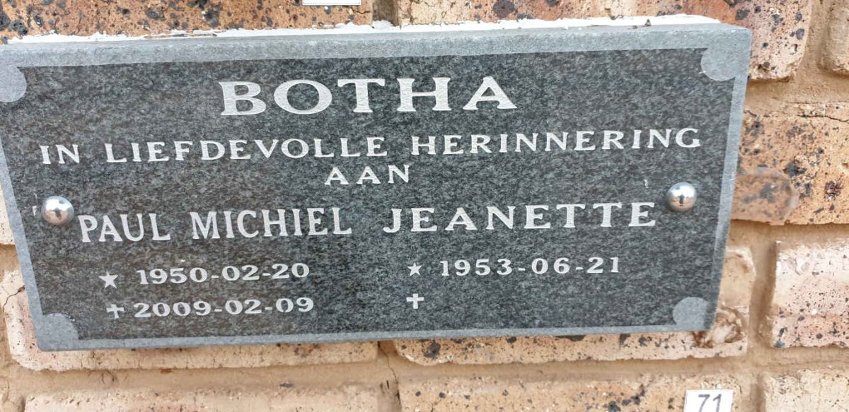 BOTHA Paul Michiel 1950-2009 &amp; Jeanette 1953-
