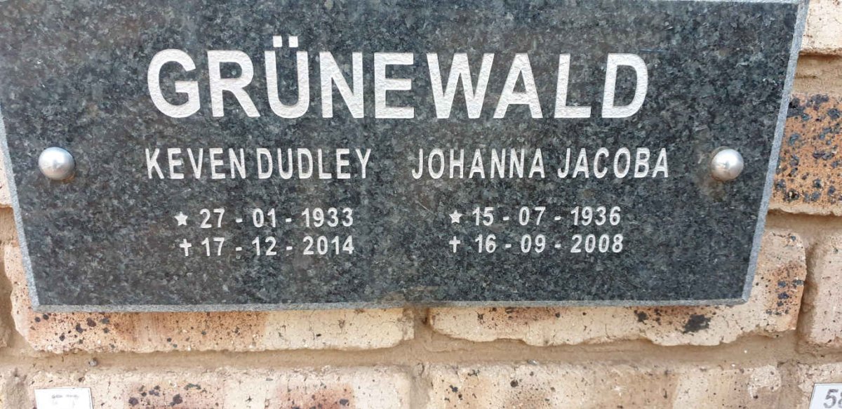 GRÜNEWALD Keven Dudley 1933-2014 &amp; Johanna Jacoba 1936-2008