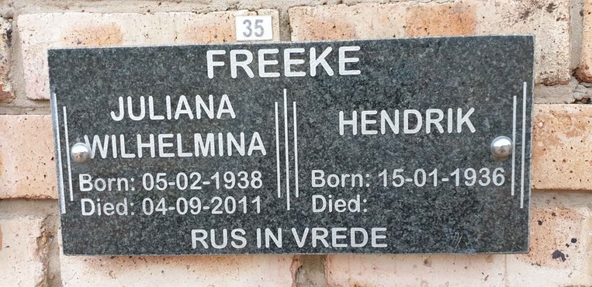 FREEKE Hendrik 1936- &amp; Juliana Wilhelmina 1938-2011