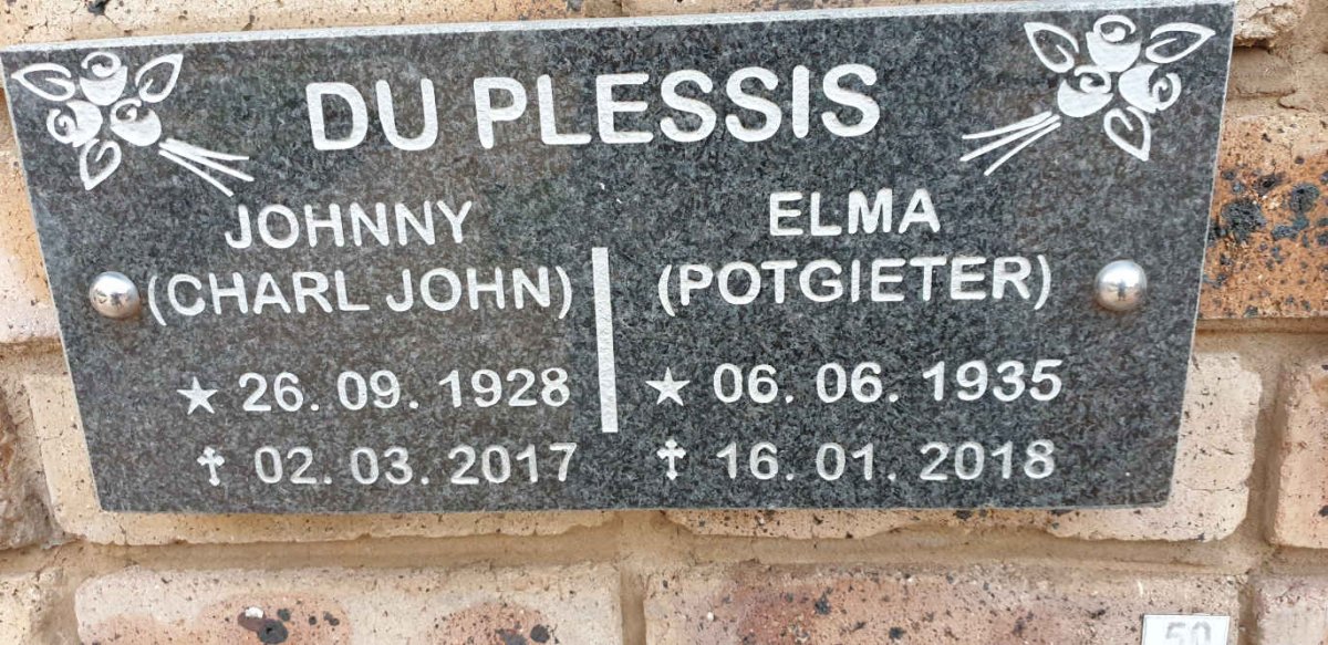 PLESSIS Charl John, du 1928-2017 &amp; Elma POTGIETER 1935-2018