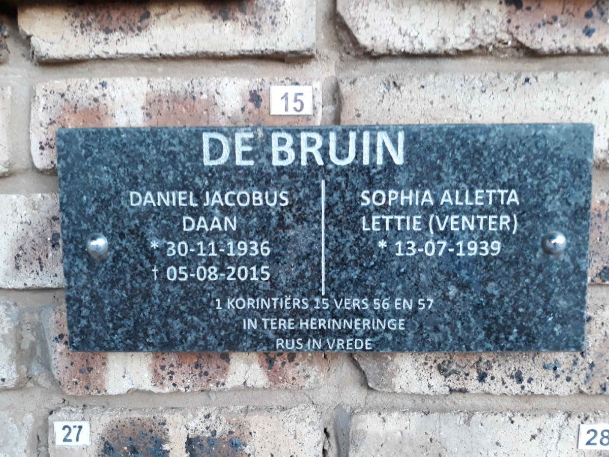 BRUIN Daniel Jacobus, de 1936-2015 &amp; Sophia Alletta VENTER 1939-