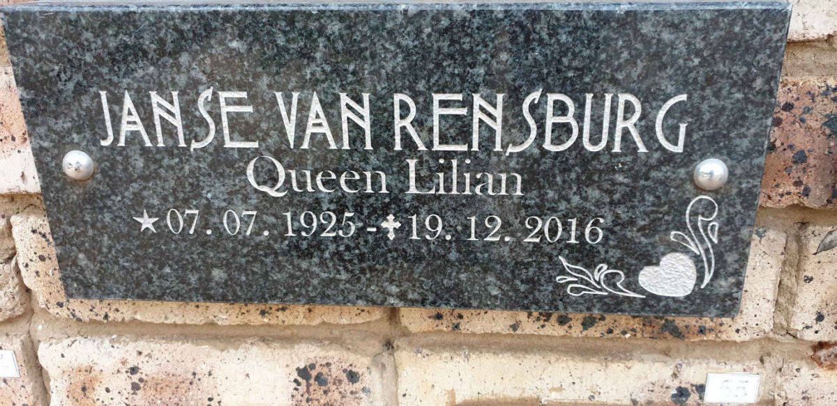 RENSBURG Queen Lilian, Janse van 1925-2016