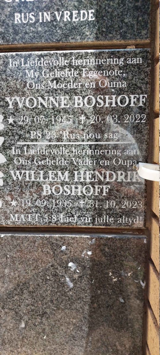 BOSHOFF Willem Hendrik 1935-2023 &amp; Yvonne 1945-2022