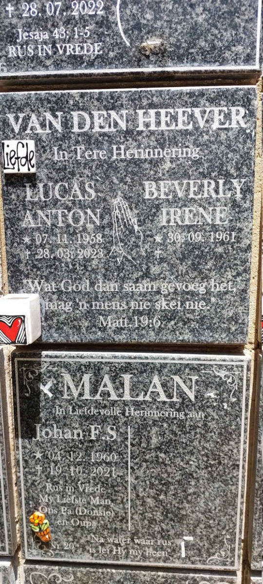 HEEVER Lucas Anton, van den 1958-2023 &amp; Beverly Irene 1961- :: MALAN Johan F.S. 1960-2021