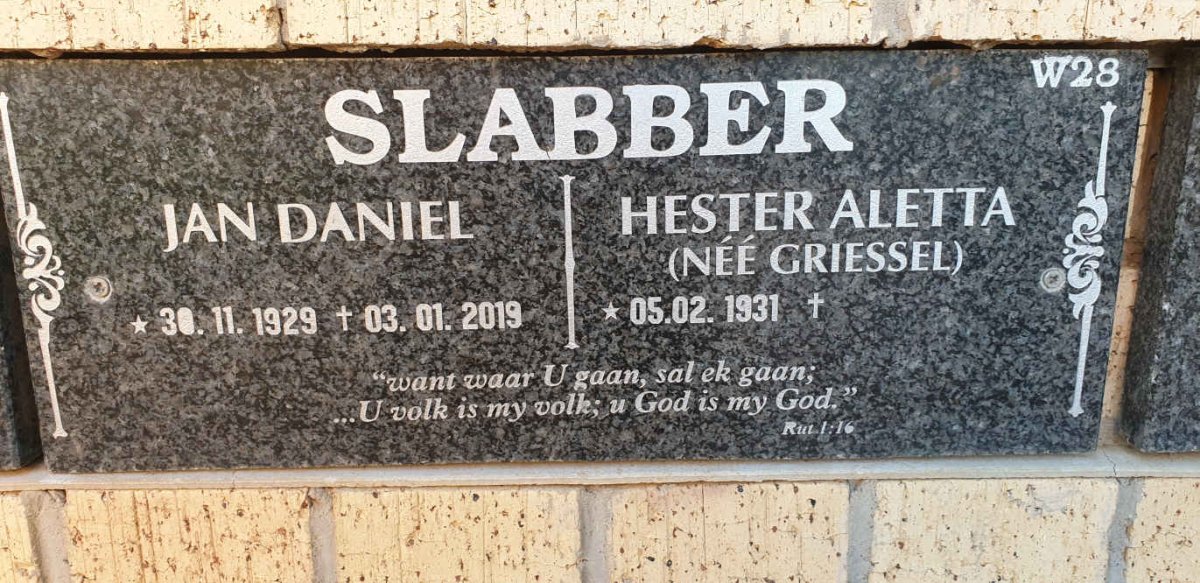 SLABBER Jan Daniel 1929-2019 &amp; Hester Aletta GRIESSEL 1931-