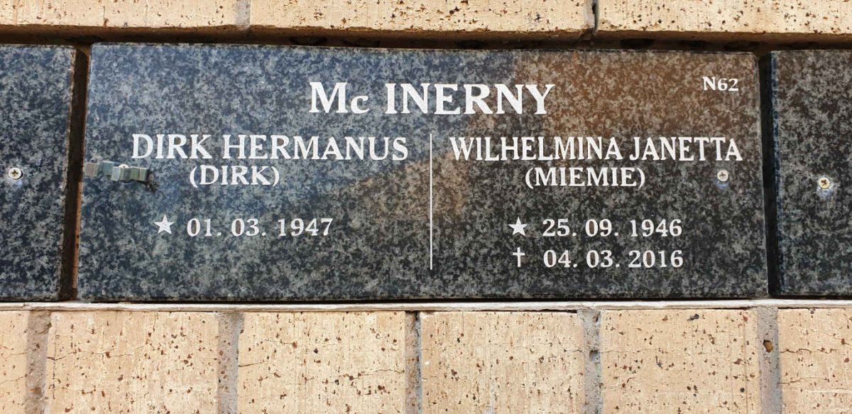 McINERNY Dirk Hermanus 1947- &amp; Wilhelmina Janetta 1946-2016
