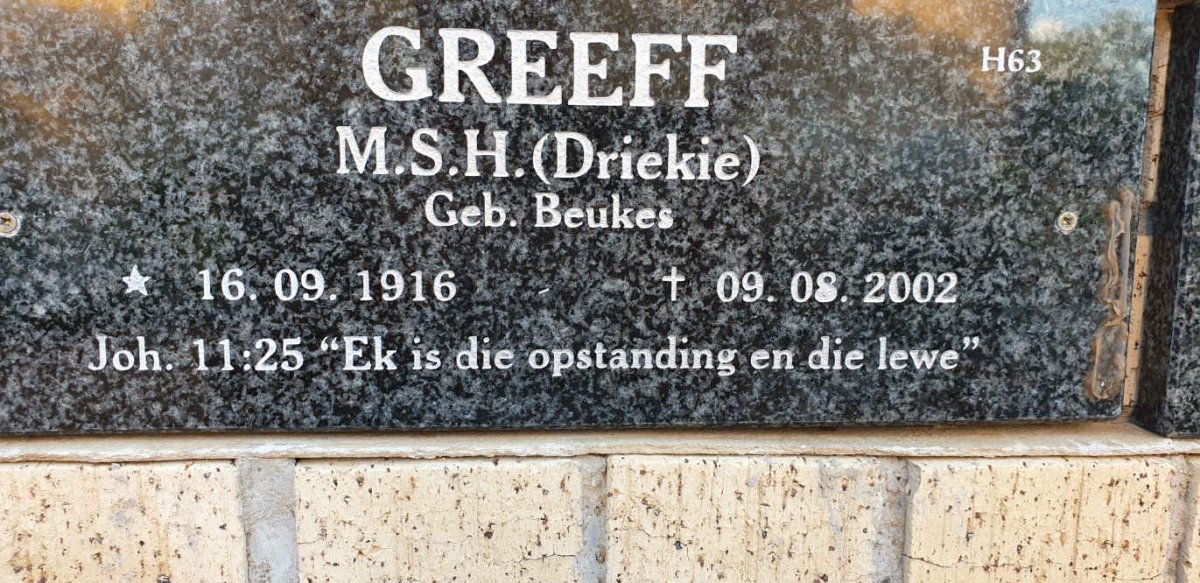 GREEFF M.S.H. nee BEUKES 1916-2002