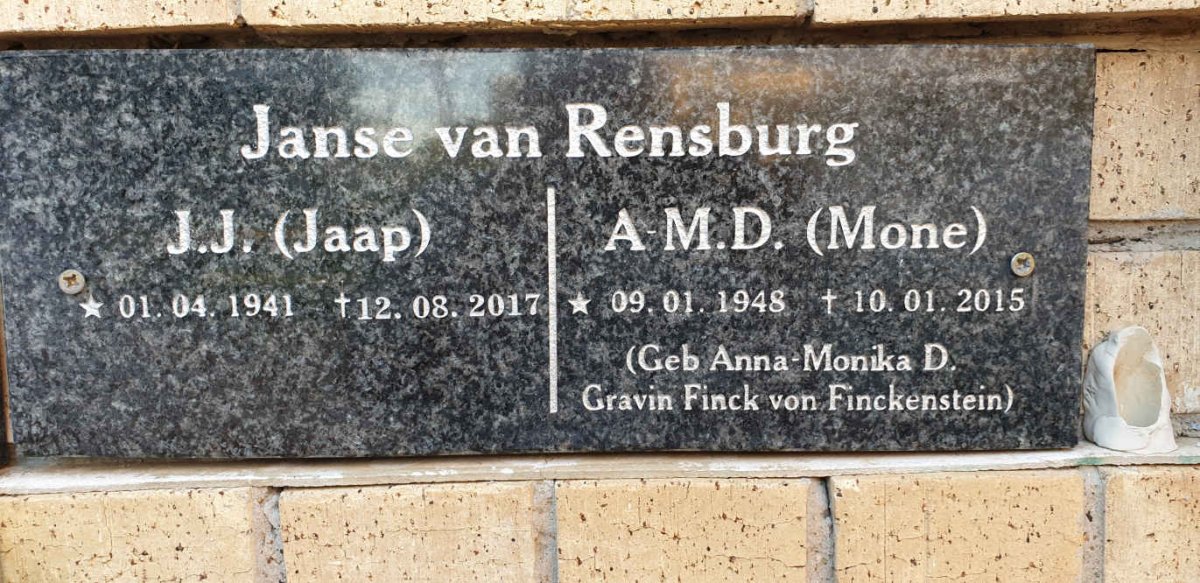 RENSBURG J.J., Janse van 1941-2017 &amp; Anna-Monika D. Gravin Finck VON FICKENSTEIN 1948-2015