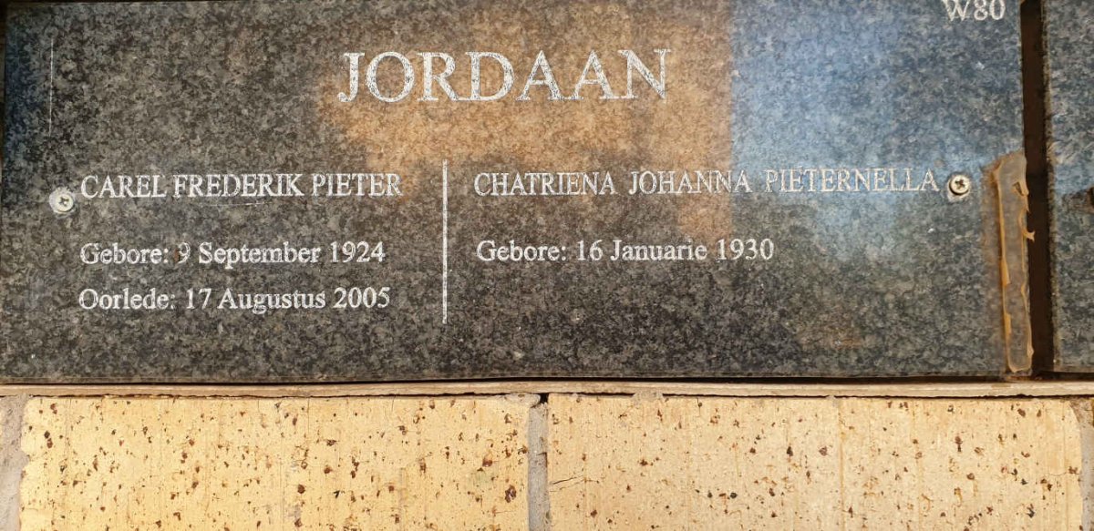 JORDAAN Carel Frederik Pieter 1924-2005 &amp; Chatriena Johanna Pieternella 1930-