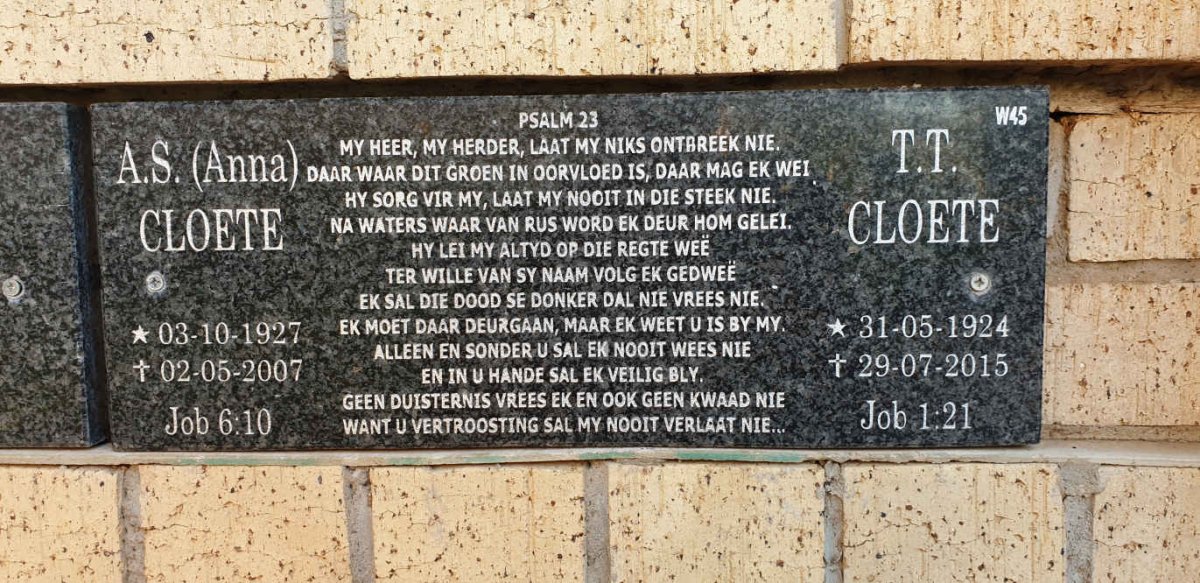 CLOETE T.T. 1924-2015 &amp; A.S. 1927-2007