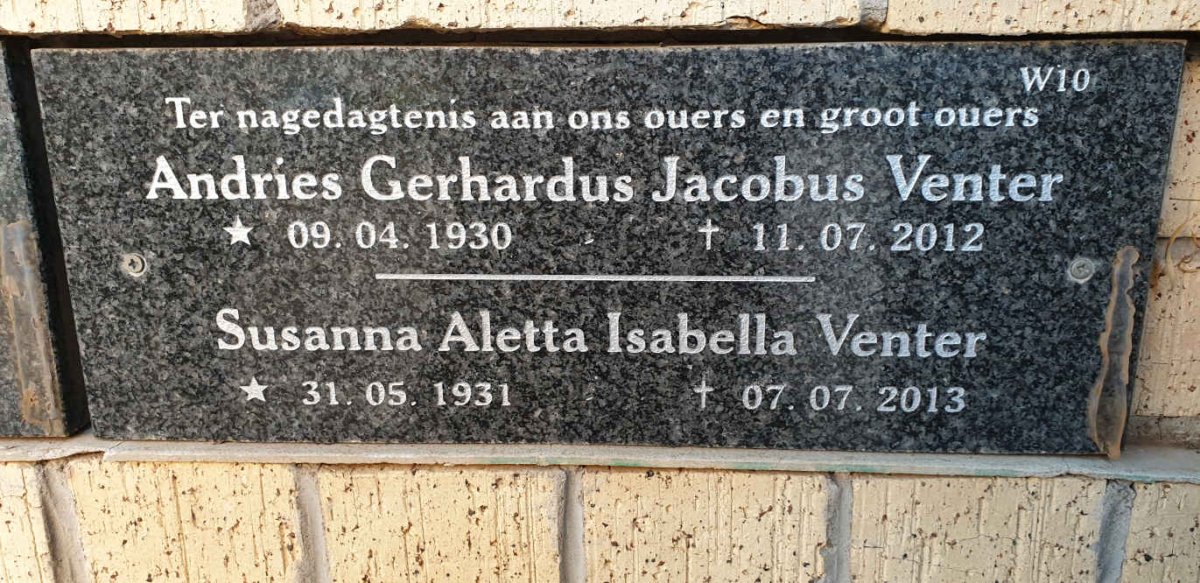 VENTER Andries Gerhardus Jacobus 1930-2012 &amp; Susanna Aletta Isabella 1931-2013