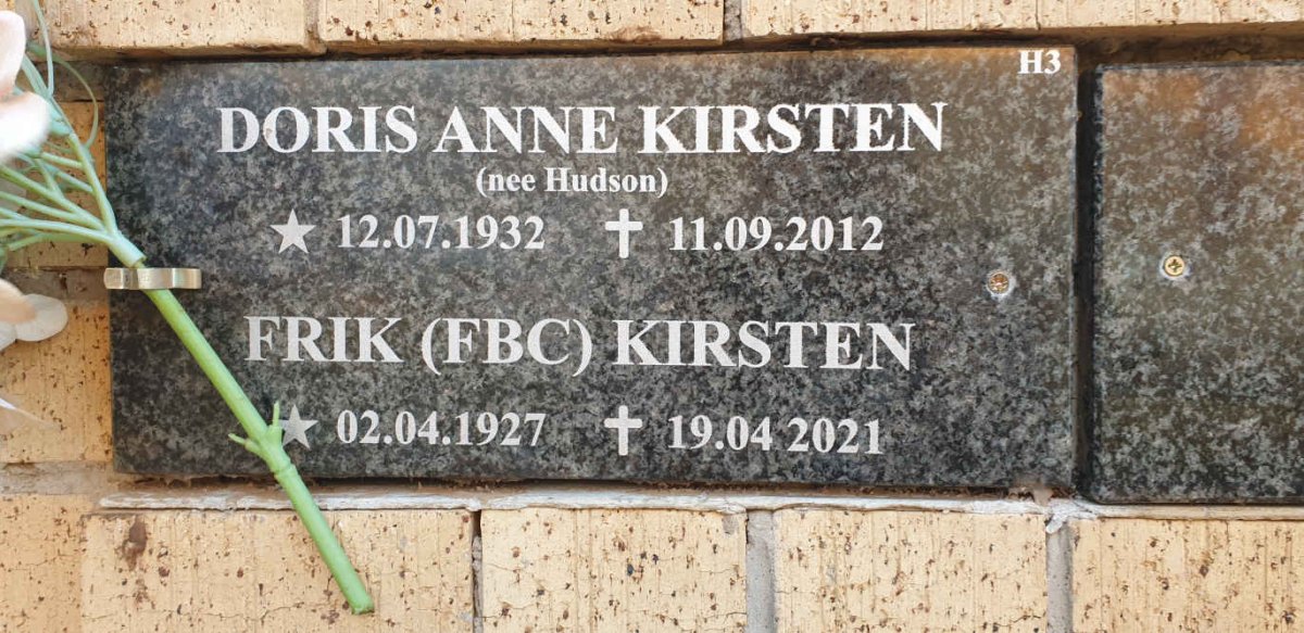 KIRSTEN F.B.C. 1927-2021 &amp; Doris Anne HUDSON 1932-2012