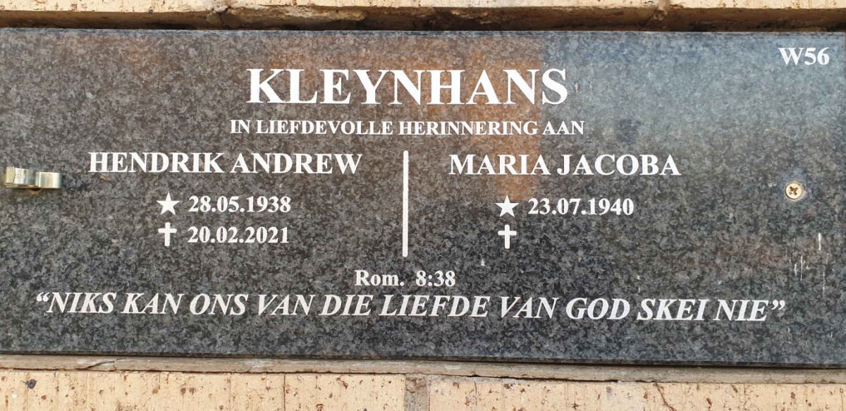 KLEYNHANS Hendrik Andrew 1938-2021 &amp; Maria Jacoba 1940-