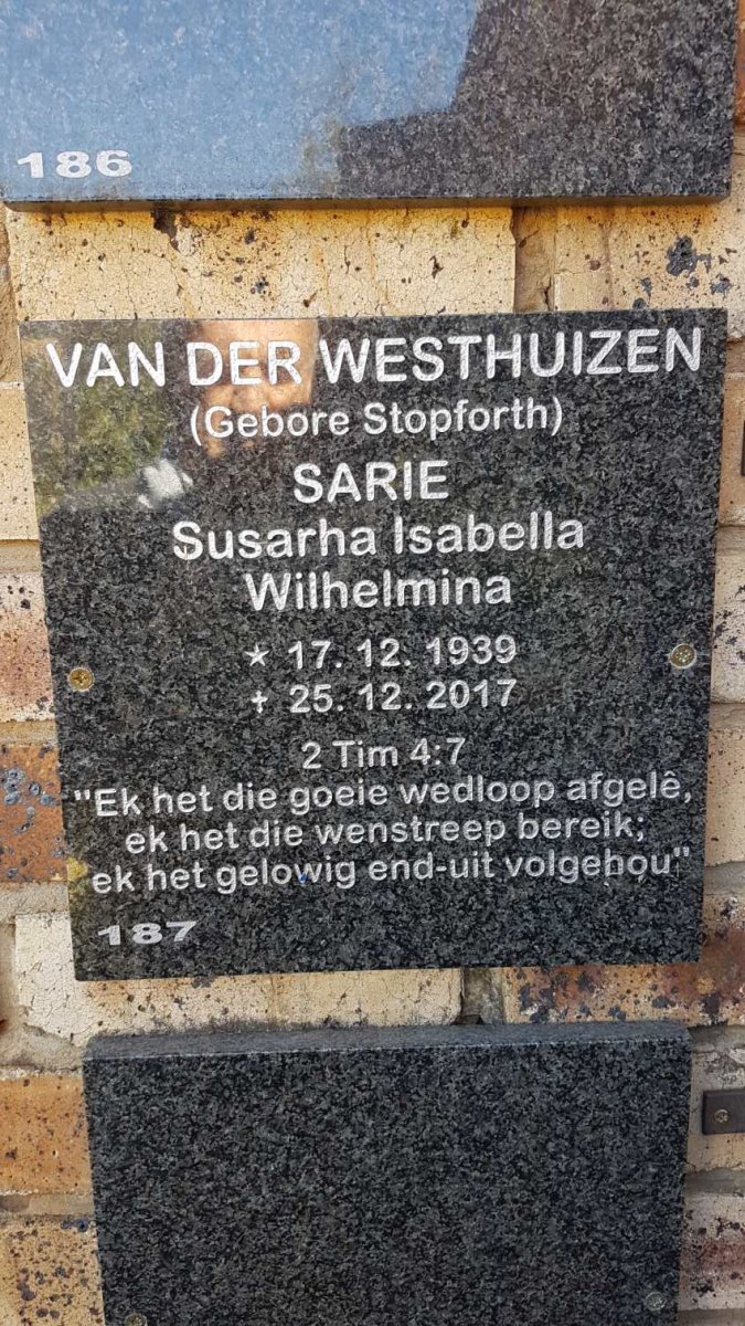 WESTHUIZEN Susarha Isabella Wilhelmina, van der nee STOPFORTH 1939-2017
