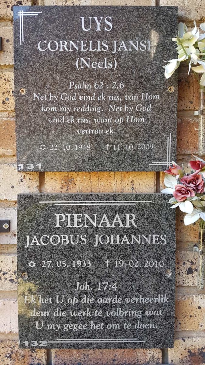 UYS Cornelis Janse 1948-2009 :: PIENAAR Jacobus Johannes 1933-2010