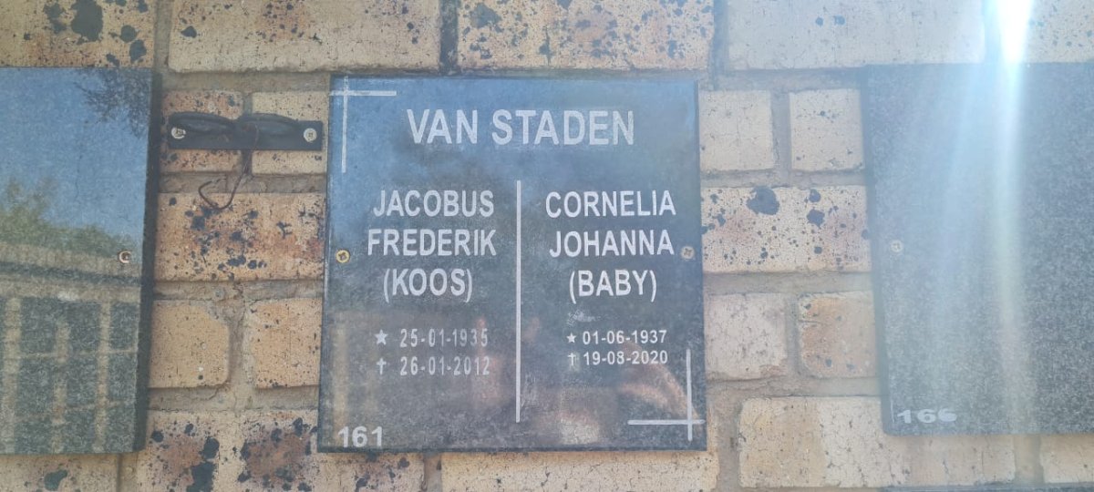 STADEN Jacobus Frederik, van 1935-2012 &amp; Cornelia Johanna 1937-2020