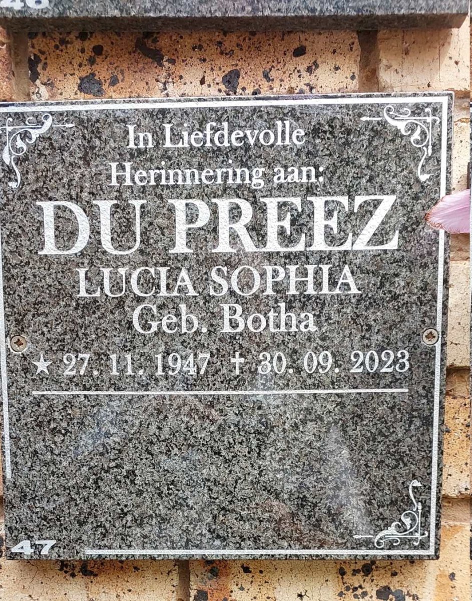 PREEZ Lucia Sophia, du nee BOTHA 1947-2023