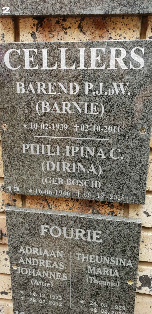 CELLIERS Barend P.J. de W. 1939-2011 & Phillipina C. BOSCH 1946-2018 :: FOURIE Adriaan Andreas Johannes 1923-2012 & Theunsina Maria 1929-20??