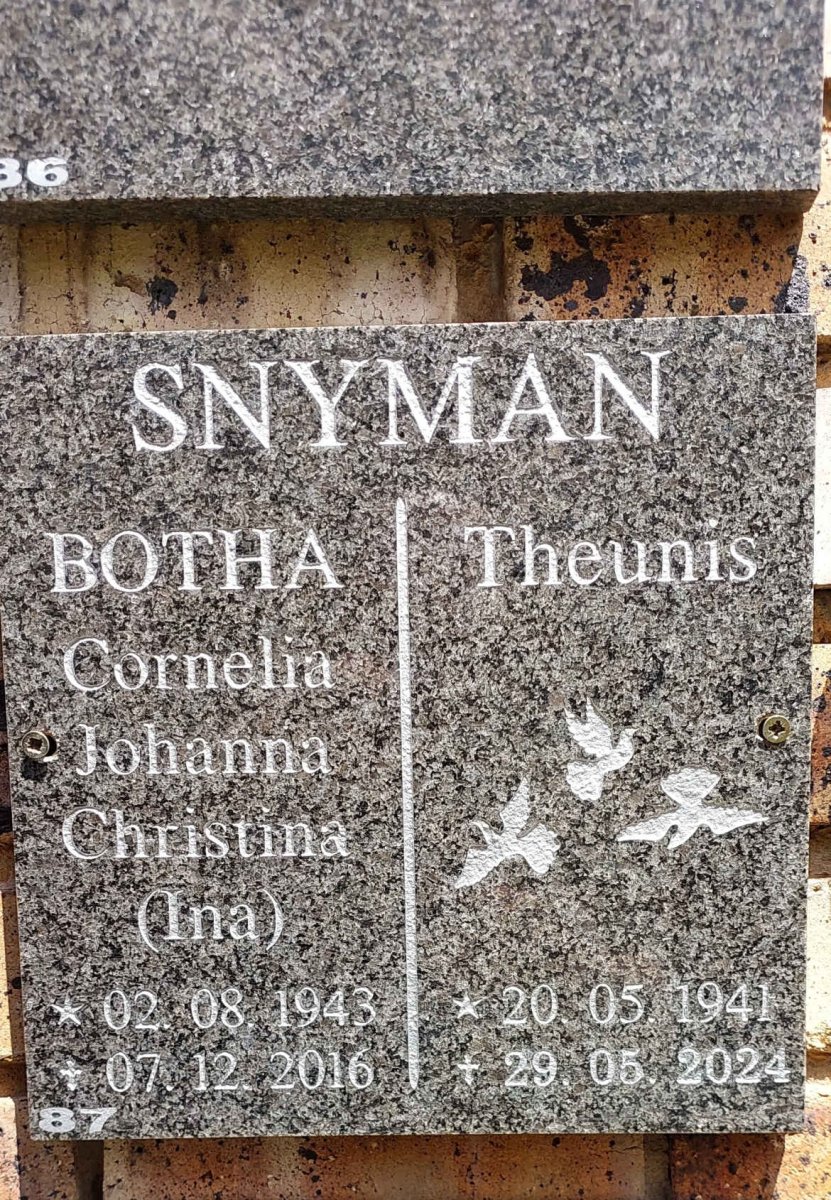 SNYMAN Theunis 1941-2024 & Cornelia Johanna Christina BOTHA 1943-2016 