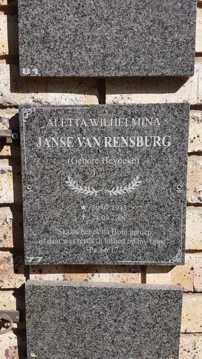 RENSBURG Aletta Wilhelmina, Janse van nee HEYNEKE 1943-2007