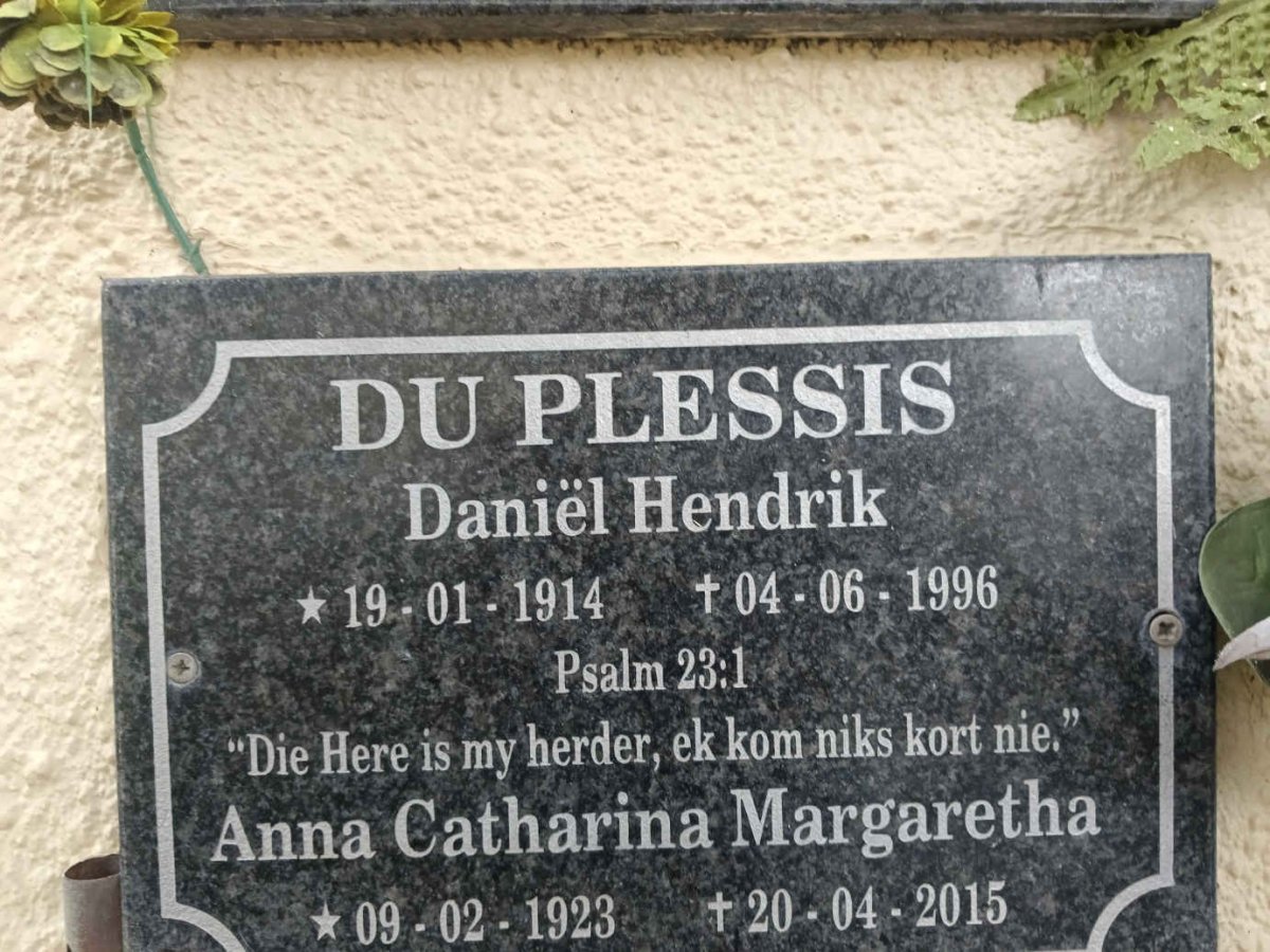 PLESSIS Daniel Hendrik, du 1914-1996 & Anna Catharina Margaretha 1923-2015