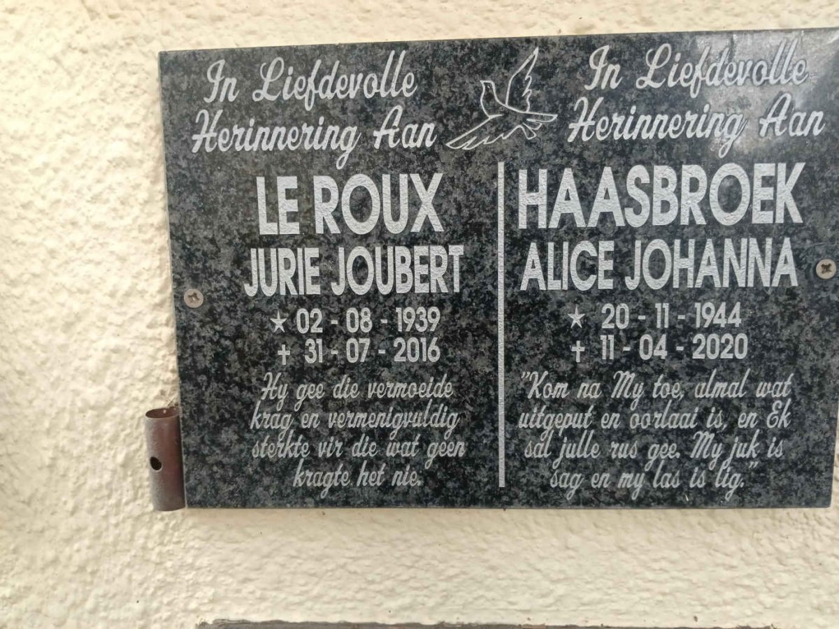 ROUX Jurie Joubert, le 1939-2016 & Alice Johanna HAASBROEK 1944-2020