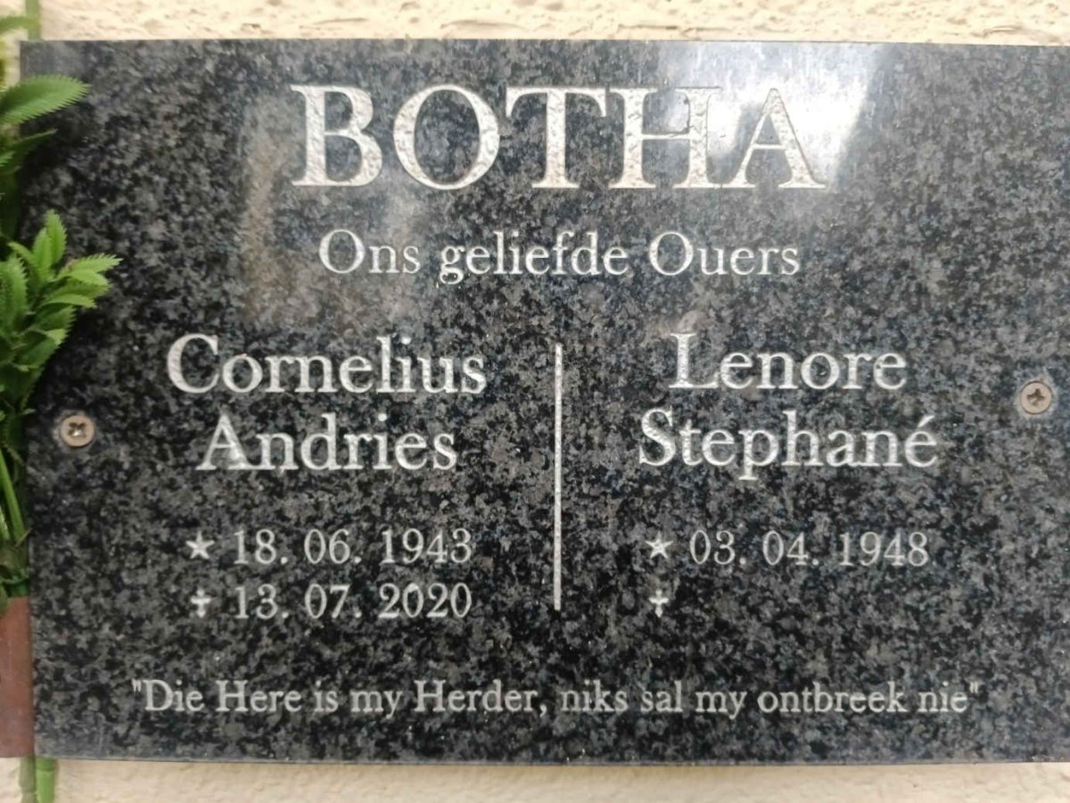 BOTHA Cornelius Andries 1943-2020 & Lenore Stephane 1948- 