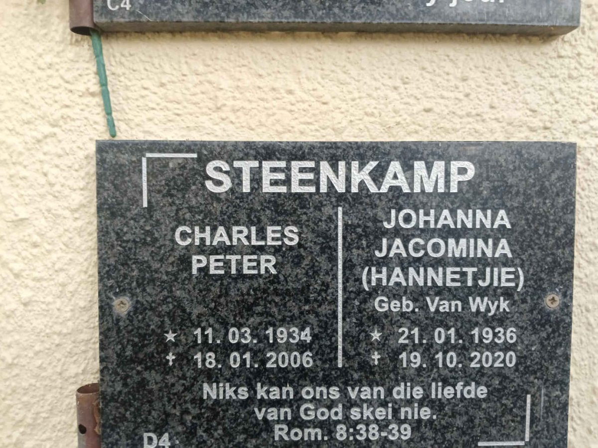 STEENKAMP Charles Peter 1934-2006 & Johanna Jacomina VAN WYK 1936-2020