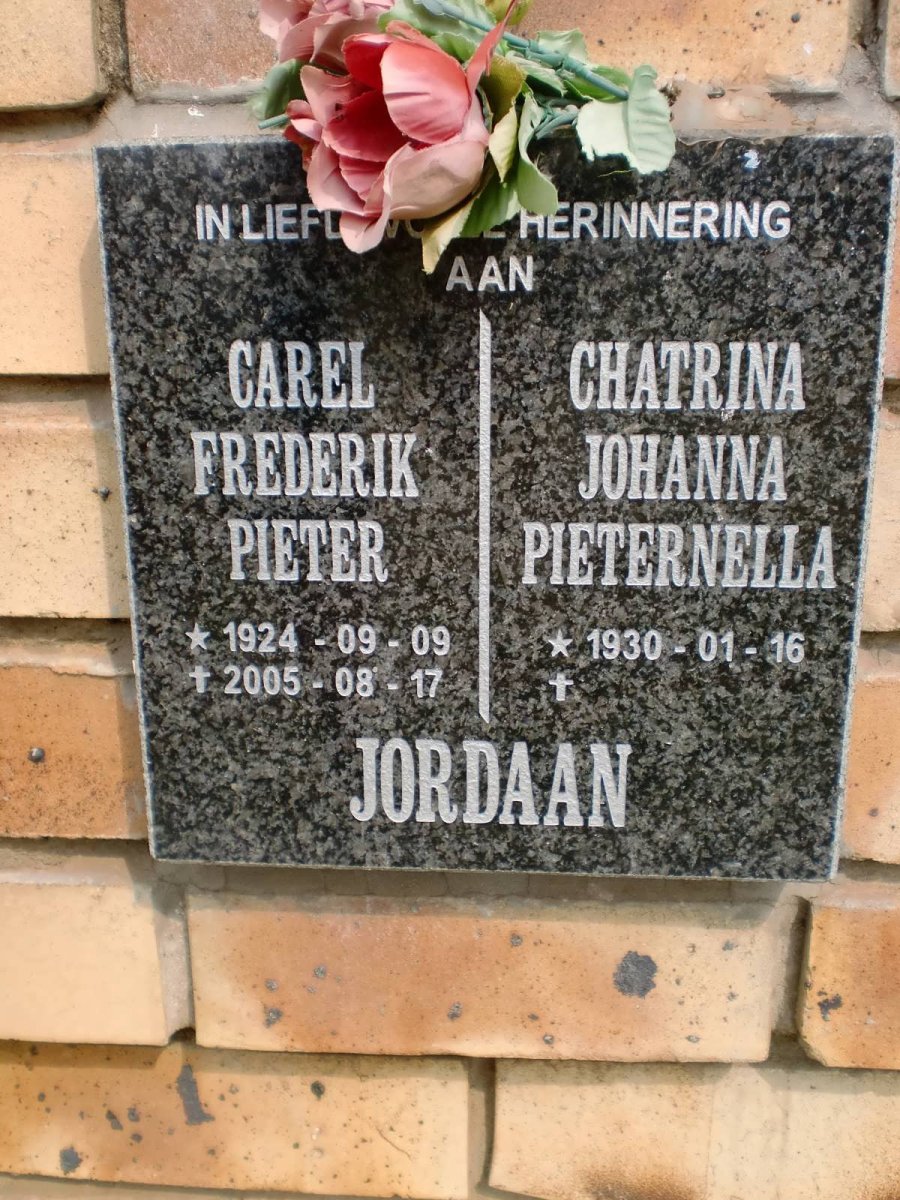 JORDAAN Carel Frederik Pieter 1924-2005 &amp; Chatrina Johanna Pieternella 1930-