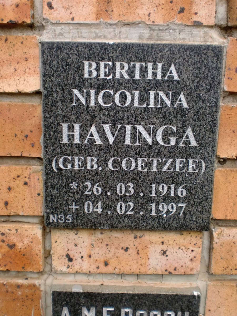 HAVINGA Bertha Nicolina nee COETZEE 1916-1997