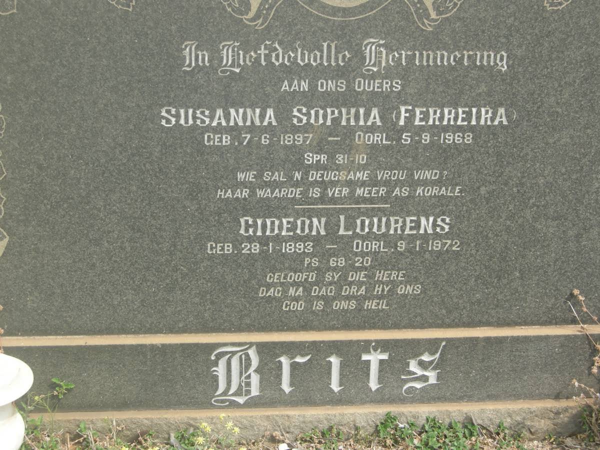 BRITS Gideon Lourens 1893-1972 &amp; Susanna Sophia nee FERREIRA 1897-1968