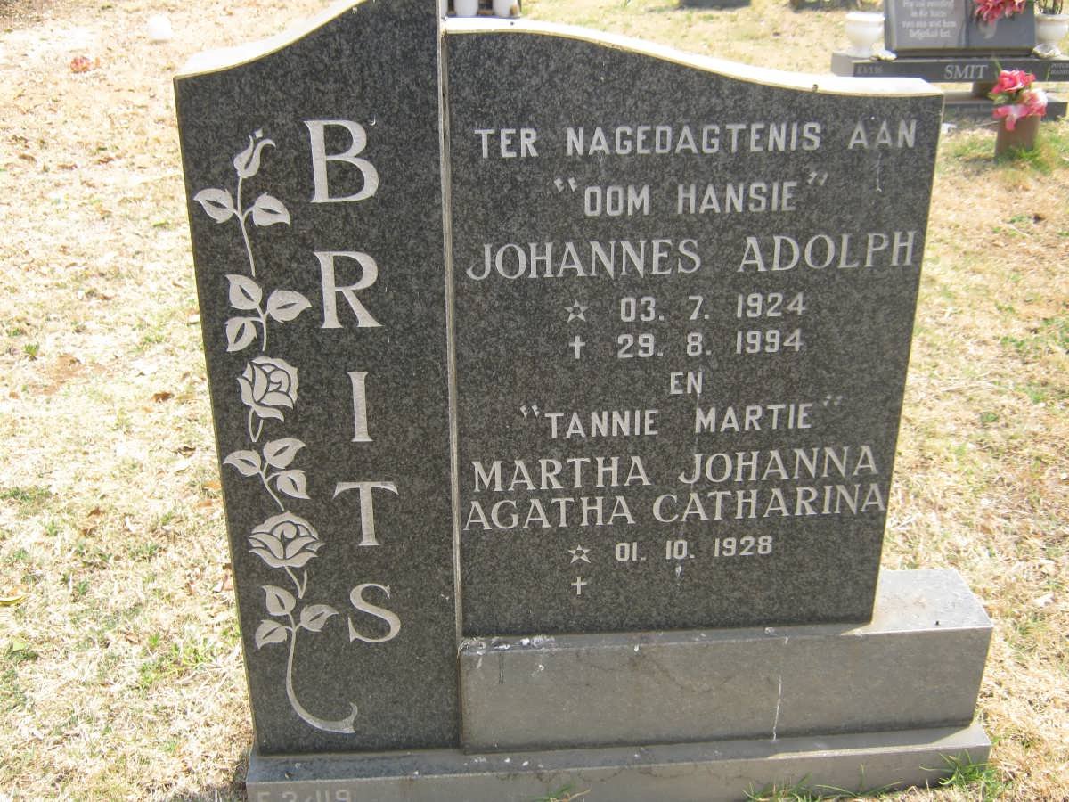 BRITS Johannes Adolph 1924-1994 &amp; Martha Johanna Agatha Catharina 1928-