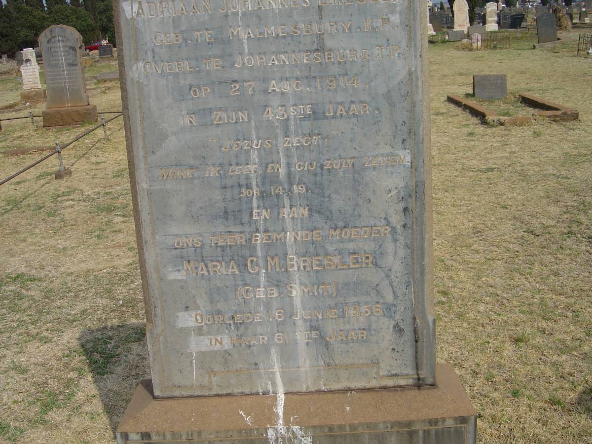 BRESLER Adriaan Johannes -1914 &amp; Maria C.M. SMIT -1956