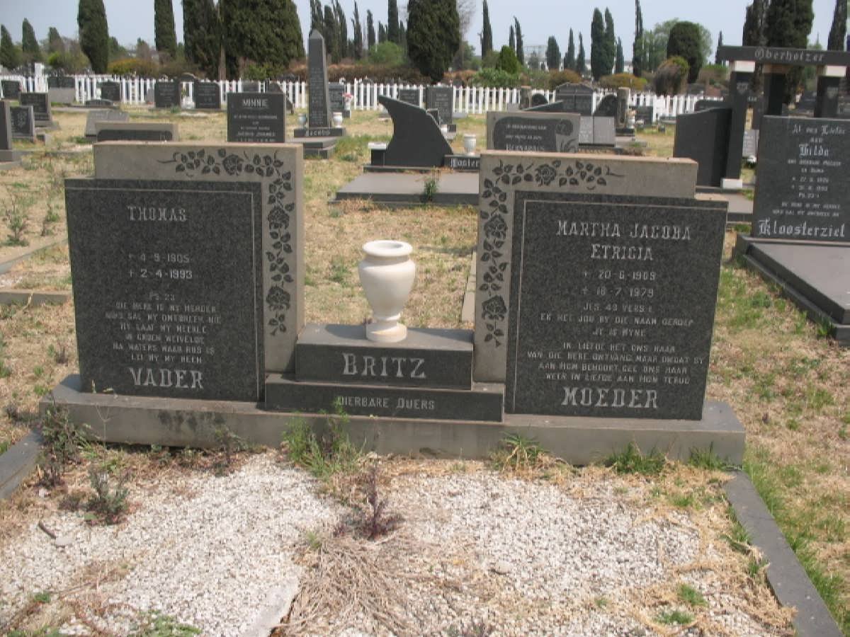BRITZ Thomas 1905-1993 &amp; Martha Jacoba Etricia 1909-1979