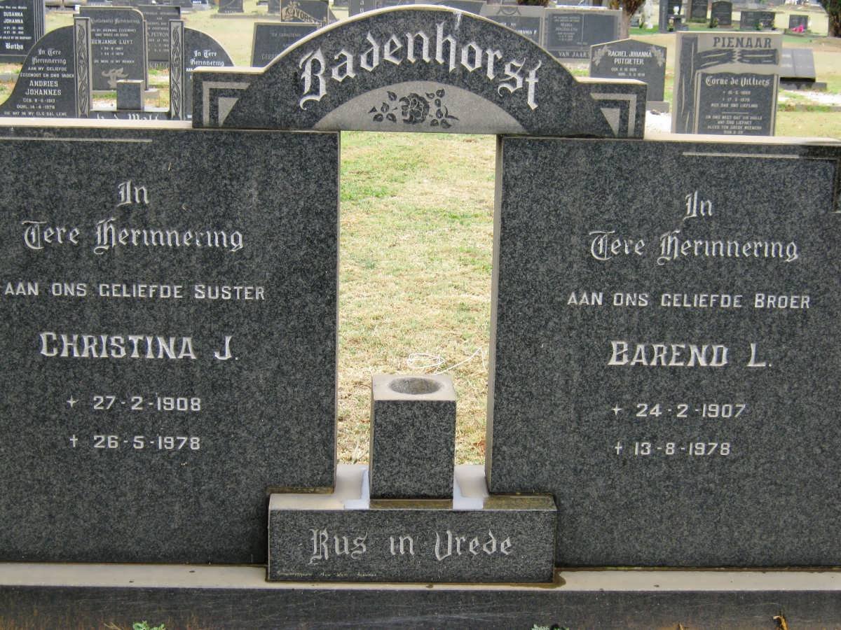 BADENHORST Barend L. 1907-1978 &amp; Christina J. 1908-1978