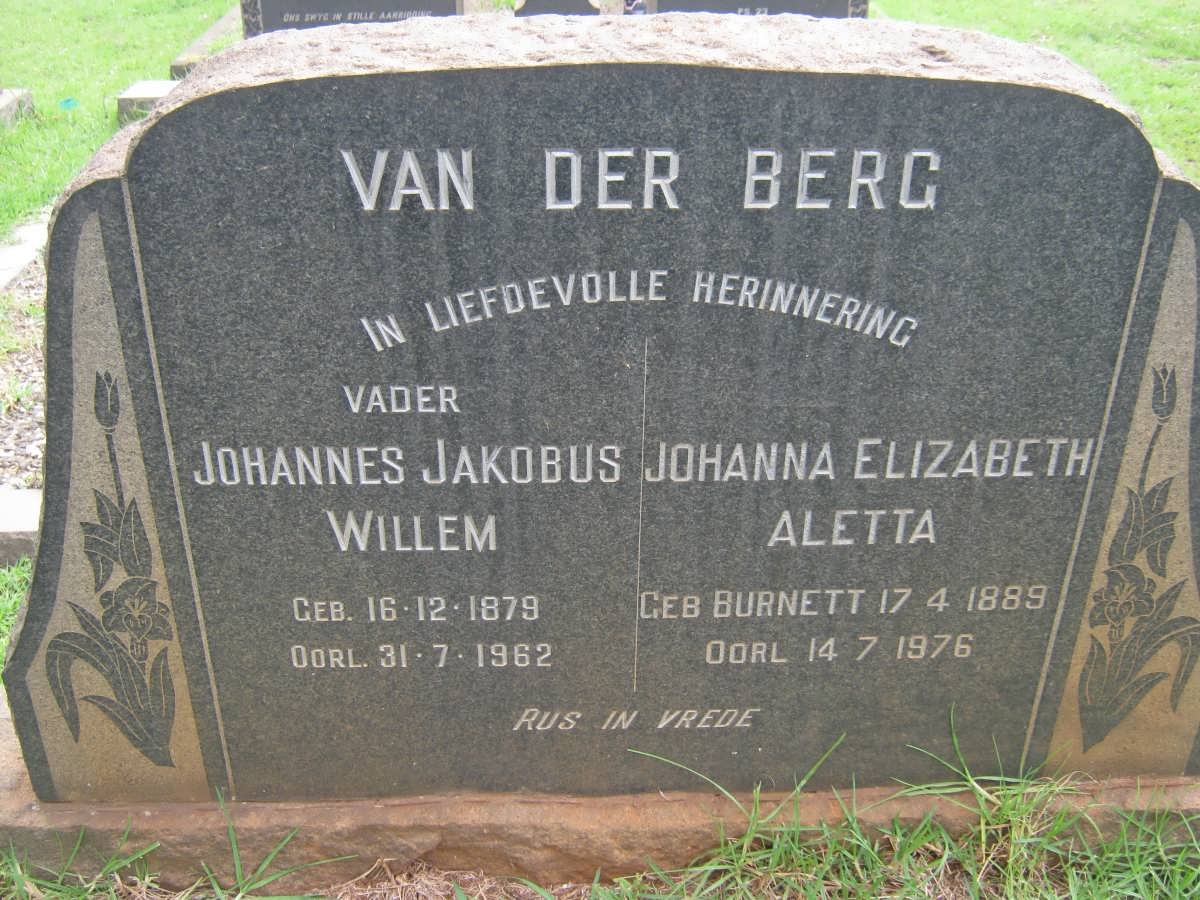 BERG Johannes Jakobus Willem, van der 1879-1962 &amp; Johanna Elizabeth Aletta BURNETT 1889-1976
