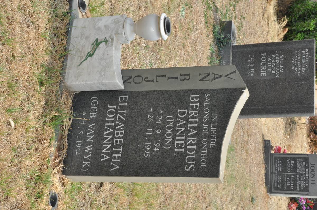 BILJON Berhardus Daniël, van 1941-1995 &amp; Elizabeth Johanna VAN WYK 1944-