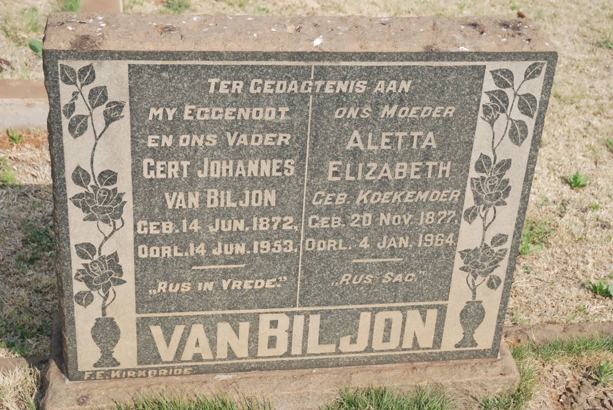 BILJON Gert Johannes, van 1872-1953 &amp; Aletta Elizabeth KOEKEMOER 1877-1964